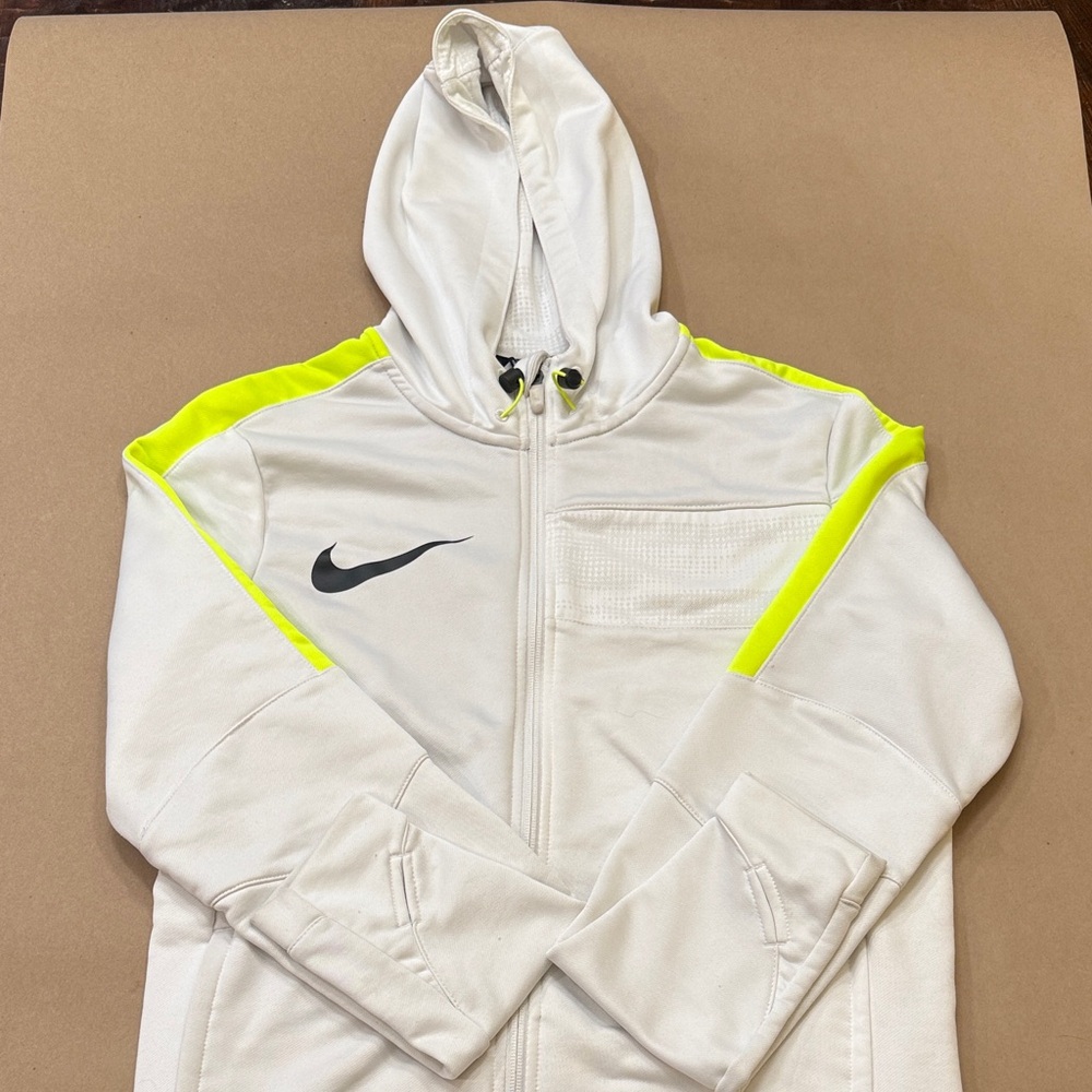 Nike White and Neon Yellow Zip-Up Hooded Jacket